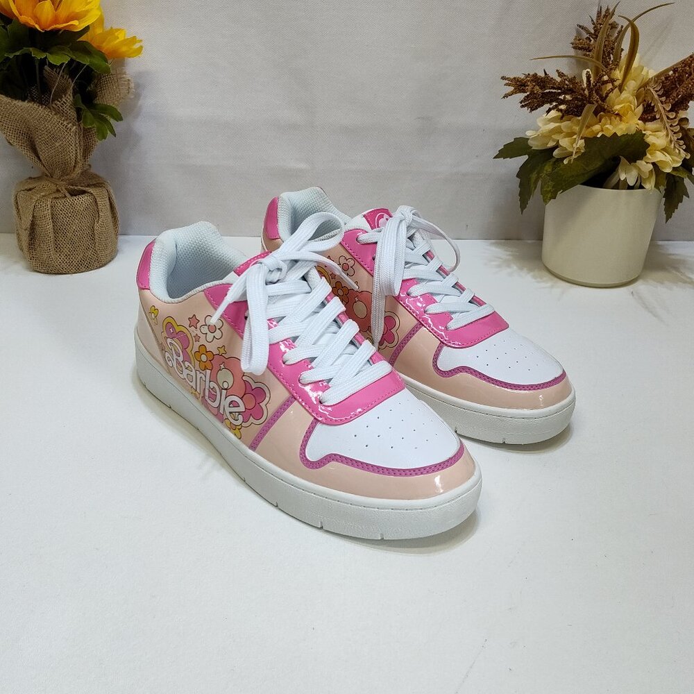 Barbie Mattel Casual Court Sneakers Shoes WMNS 10 Pink & White Floral Design EUC